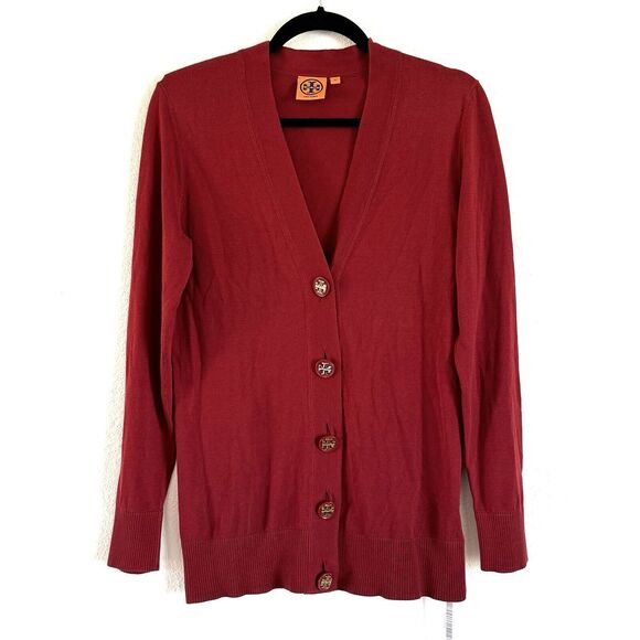 Tory Burch Women’s V Neck Cotton Simone Cardigan In Brick Red Logo Button - Picture 1 of 11